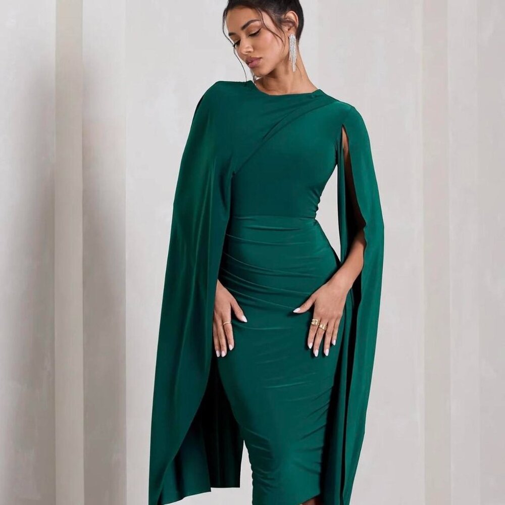 Club L London Marysol Bottle Green Asymmetric Cape Midi Dress, Size US 4